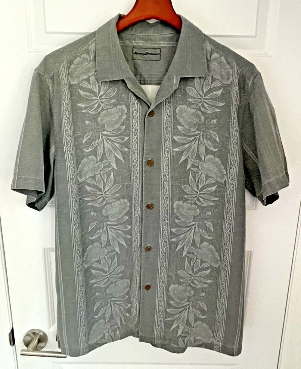 Tommy Bahama Mens L 100% Silk Gray Floral Hawaiian Jacquard Wood Button-Up Shirt